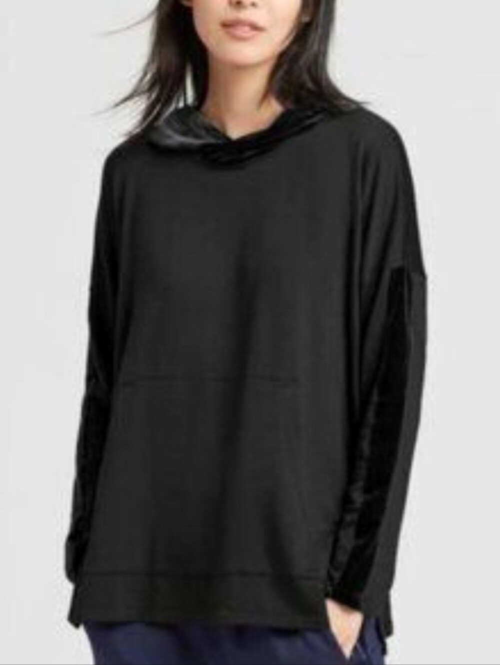 Eileen Fisher Black Velvet Trim Hooded Top